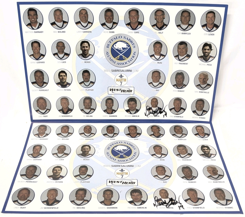 2 Autographed DEREK SMITH #19 Buffalo Sabres Alumni Association Rosters - 17" &times; 11"