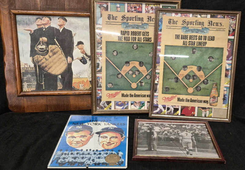 5 Vintage Framed Baseball Photo & Advertisement "The Sporting News"