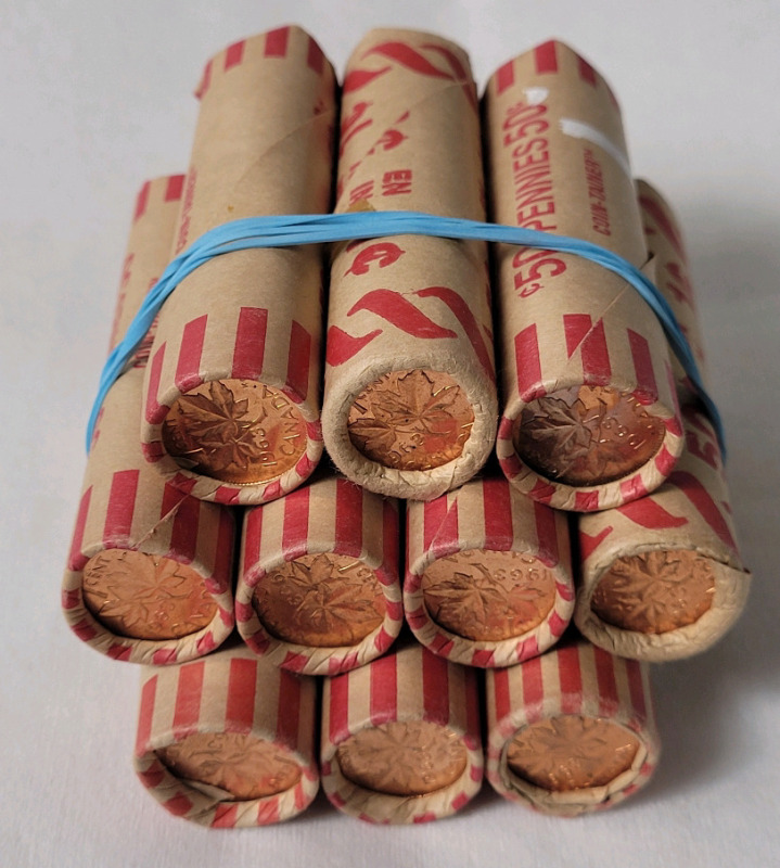 Ten (10) Rolls 1963 Canadian Uncirculated One Cent Pennies