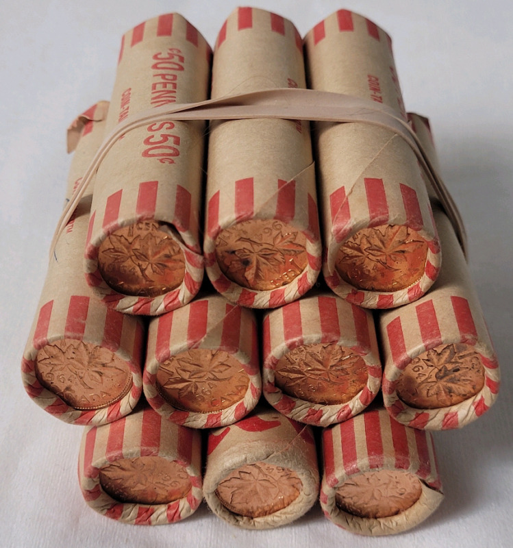 Ten (10) Rolls 1964 Canadian Uncirculated One Cent Pennies