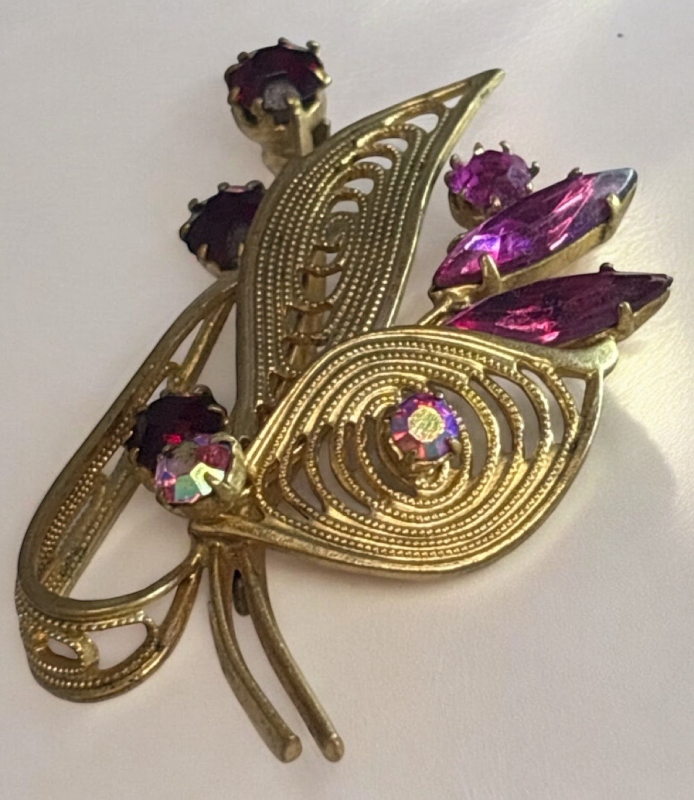 Vintage Brooch Filigree Red Chatons Pink Navettes AB Chatons All Prong Set Approximately 2 inch