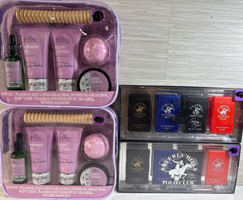 4 New Assorted Cosmetics Lot |Includes: 2 Sets of Studio Selection Body Care Set for women and 2 Sets of Beverly Hills Polo Club Pocket Perfume for Men| Best before: 4/9/2027