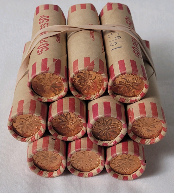 Ten (10) Rolls 1963 Canadian Uncirculated One Cent Pennies