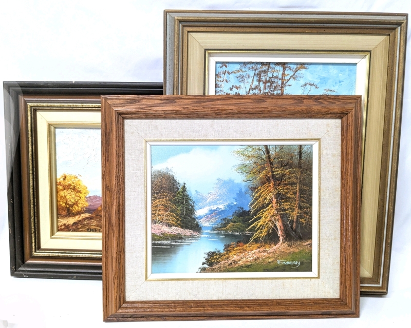 3 Signed Framed Vintage Landscape Oil Paintings : 2&times; By T. Hunt Oil on Board , 1&times; Oil on Canvas - Up to 15" &times; 18"
