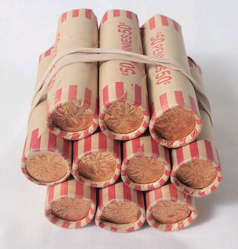 Ten (10) Rolls 1963 Canadian Uncirculated One Cent Pennies