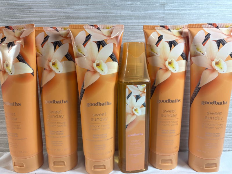 6 New | Goodbaths Sweet Sunday Almond Flower & Warm Vanilla Exfoliating Body Scrub(283g) & Fine Fragrance Mist (236ml)