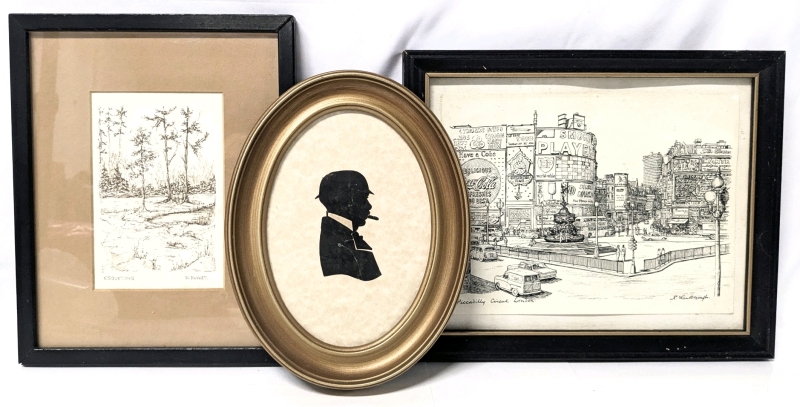 3 Pieces Vintage Framed Art: Cameo of a Gentleman With Bowler Hat & Cigar Found in a 1900s Book, Esquesing by W. Buykes, Picadilly Circus N. W. (See Description) - Up to 11.25" &times; 9.35"