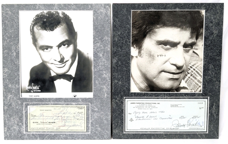 2 Vintage Signed Celebrity Cheques / Checks Mounted With Headshots : Tony Martin (1913 - 2012) & James Farentino (1938 - 2012) - 11" &times; 14" Each