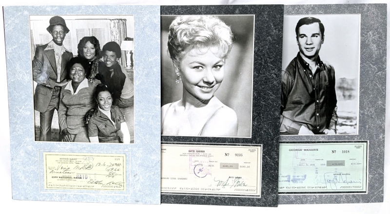 3 Vintage Signed Celebrity Cheques / Checks Mounted With Headshots : Ester Rolle (1920 - 1088), Mitzi Gaynor (1931-2024), George Maharis (1928-2023) - 11" &times; 14" Each
