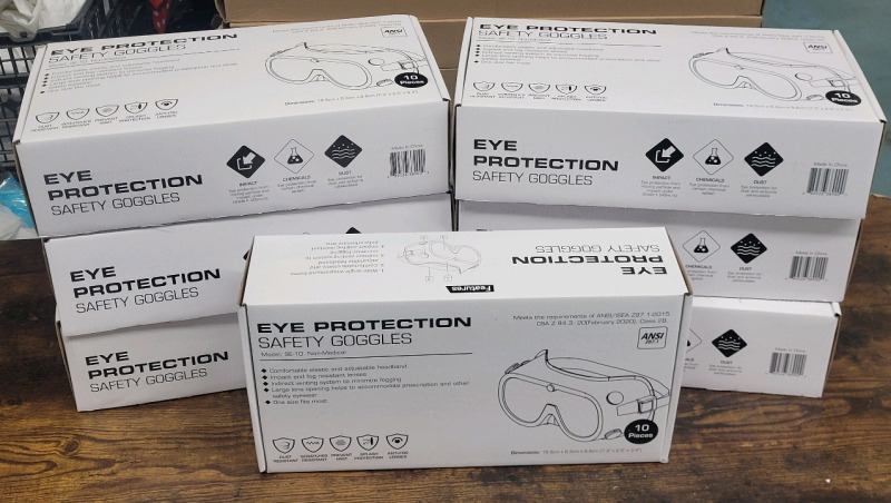 70 New Eye Protection Safety Goggles , Non-Medical . Model # SE-10 . 7 Boxes , 10 Per Box .
