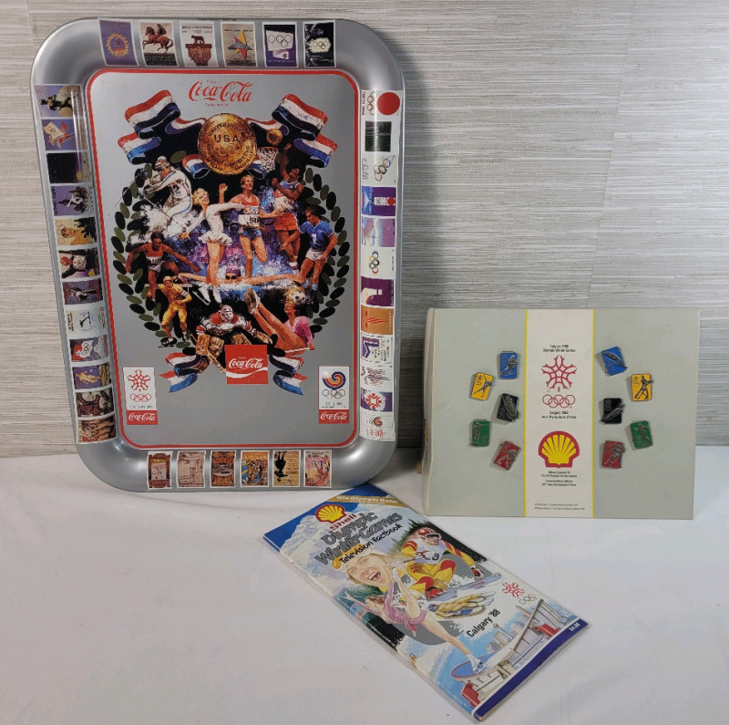 Vintage 1988 SHELL Calgary Winter Olympics Pin Set w/Display & Calgary '88 Television Factbook plus 1988 Winter Olympics Coca-Cola Tray - 12.5"&times;17.5"
