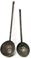 2 Very Large Vintage Hand Forged Presumed Copper Decorative (?) Dipper Ladles With Holes in Bowls - 6.7" - 7.4" Diameter, 23.75" - 28" Long