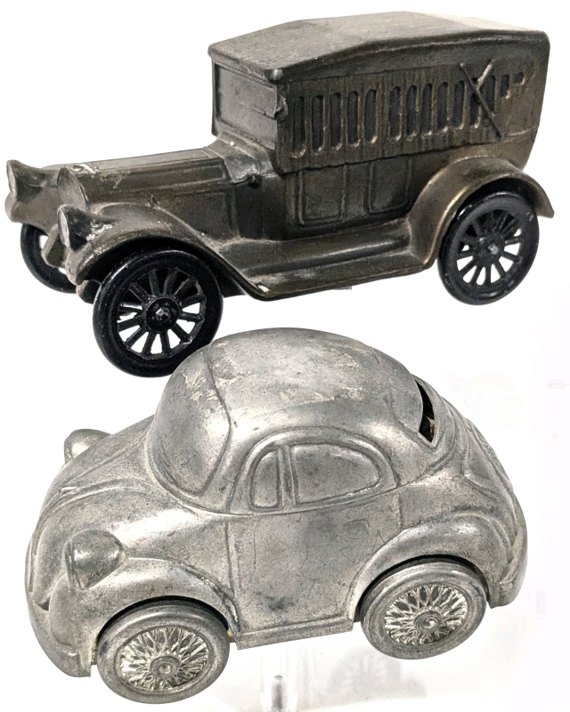 2 Vintage Metal Car Coin Banks - Volkswagen Beetle & Antique-Style Vehicle With Screwed-In Coin Plate - 2" - 2.5" Tallv