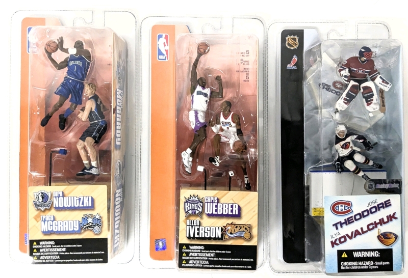 3 Sealed 2003-04 MCFARLAND Mini Matchups : NBA Basketball Dirk Nowitzki vs Tracy McGrady, Chris Webber vs Allen Iverson & NHL NHLPA Jose Theodore vs Ilya Kovalchuk - Up to 4" Tall Each