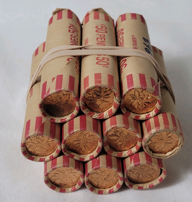 Ten (10) Rolls 1963 Canadian Uncirculated One Cent Pennies