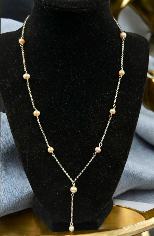 Sterling Silver w/ Genuine Pearls Necklace 18 Inch Stamped at ring clasp
