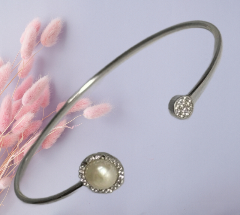 Sterling Silver w/ Genuine Pearl Open Cuff Bangle, Marked 925 2 Crystals missing. See description