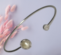 Sterling Silver w/ Genuine Pearl Open Cuff Bangle, Marked 925 2 Crystals missing. See description