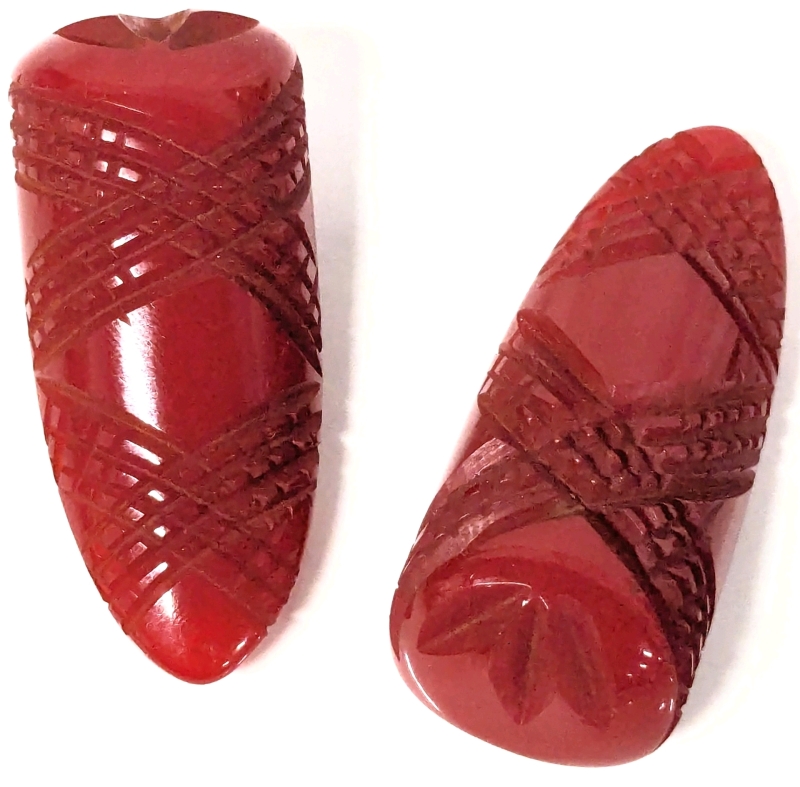 2 Rare Vintage Carved Lipstick Red Bakelite Fur Clips - 2" Long Each
