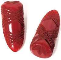 2 Rare Vintage Carved Lipstick Red Bakelite Fur Clips - 2" Long Each