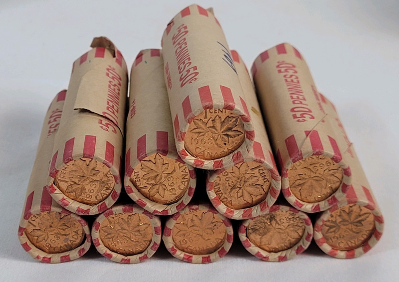 Ten (10) Rolls 1963 Canadian Uncirculated One Cent Pennies
