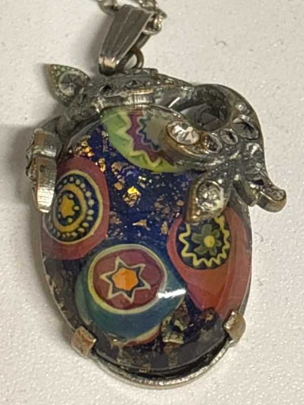 Stunning Vintage Murano Millefiore Marcacite Pendant w/ Chain Necklace Chain 15 in Pendant approximately 1.25 in two Marcacites missing