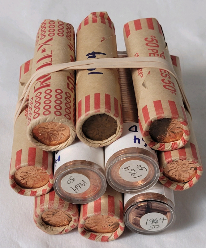 Ten (10) Rolls 1964 Canadian Uncirculated One Cent Pennies