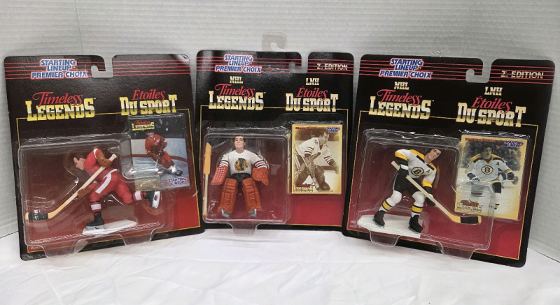3 Vintage | 1995-1997 Starting Lineup Timeless Legends | Phil Esposito, Glenn Hall, & Gordie Howe | Ea. Measure 8" x 9"