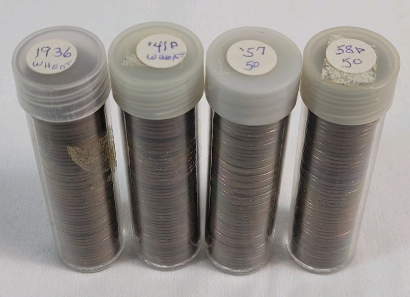 1936 - 1958 USA Lincoln Wheat Penny Rolls . 1936 , 1941-D , 1957 & 1958-D . Four (4) Rolls - One Roll for Each Year .