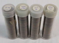 1936 - 1958 USA Lincoln Wheat Penny Rolls . 1936 , 1941-D , 1957 & 1958-D . Four (4) Rolls - One Roll for Each Year .