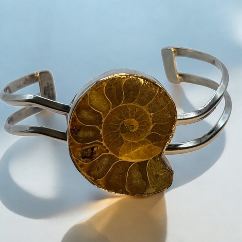 Ammonite Fossil 925 Mexico Vintage Cuff Natural Ammonite Gemstone 925 Sterling Silver Signed and Stamped