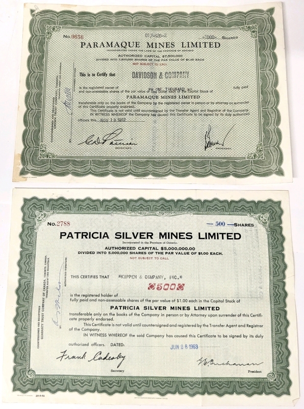2 Vintage 1960s Stock Certificates : Paramaque Mines Limited 1,000 $1 Shares & Patricia Silver Mines 500 $1 Shares