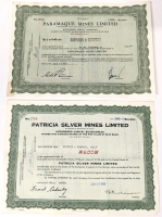 2 Vintage 1960s Stock Certificates : Paramaque Mines Limited 1,000 $1 Shares & Patricia Silver Mines 500 $1 Shares