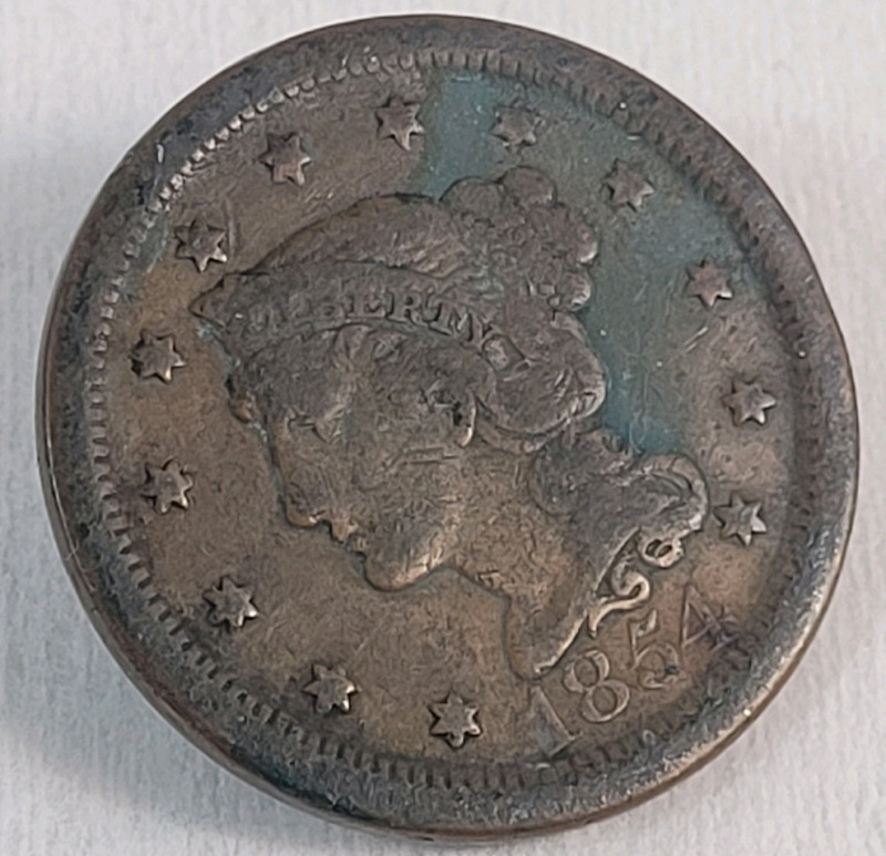 1854 USA Braided Hair Large One Cent Penny