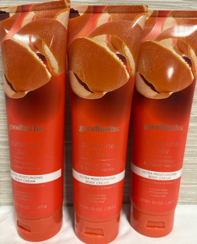 3 New Goodbaths Sunshine Day Ultra Moisturizing Body Cream| 283g each| Clementine and Peach Nectar | Best by Not found