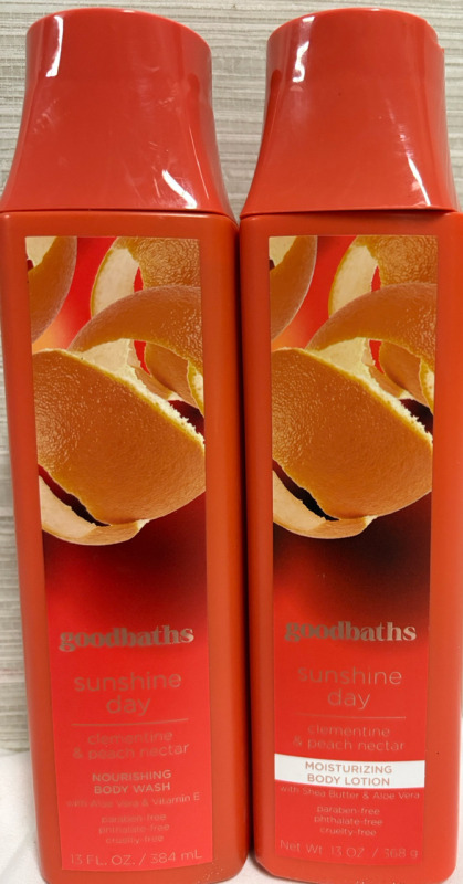 2 New Goodbaths Sunshine Day Nourishing Body wash & Moisturizing Body Lotion| Clementine & Peach Nectar| 13 oz each| Best By 2026-7-01