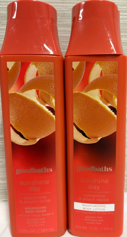 2 New Goodbaths Sunshine Day Nourishing Body wash & Moisturizing Body Lotion| Clementine & Peach Nectar| 13 oz each| Best By 2026-7-01