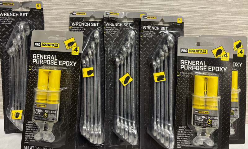 7 New Pro Essentials Wrench Set & General Purpose Epoxy(12ml)| Assorted Sizes include 3/8, 7/16, 1/2, 9/16, 5/8"