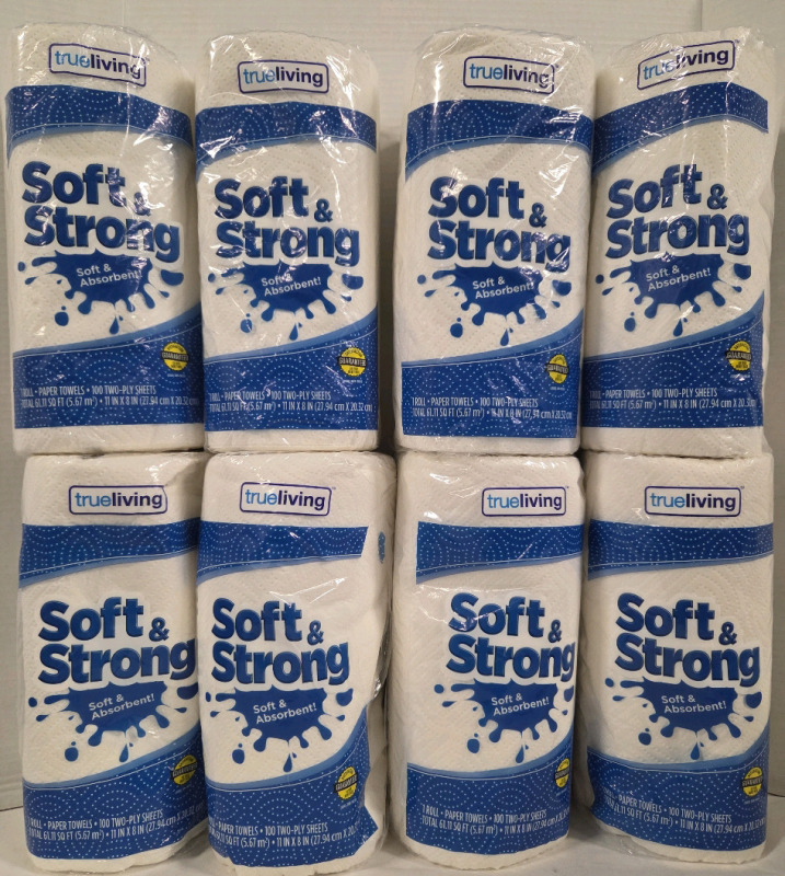 8 New Rolls of TrueLiving Soft&Strong Two-Ply Paper Towels | 100 Sheets a roll