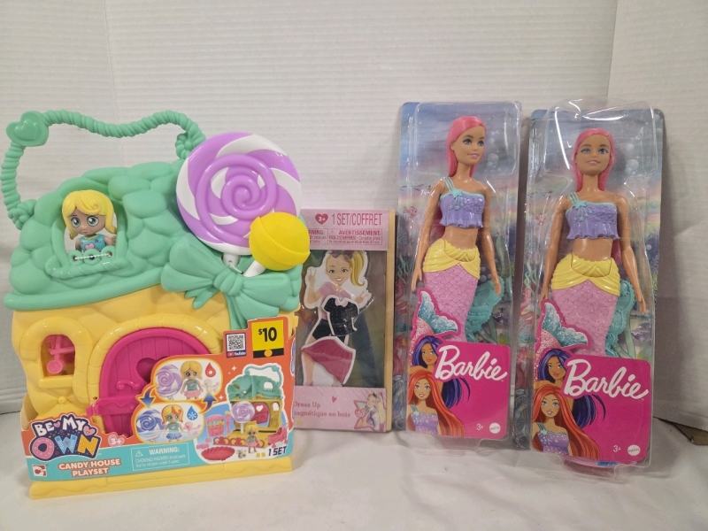 4 New | Assorted Kids Toys & Games Lot | Includes Be My Own Candy House Playset, Barbie Mermaid and More!