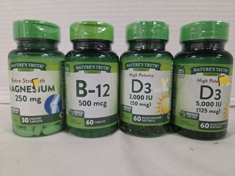 4 New | Medicine Cabinet Lot | Includes B-12 mcg, Magnesium 250mg & More
