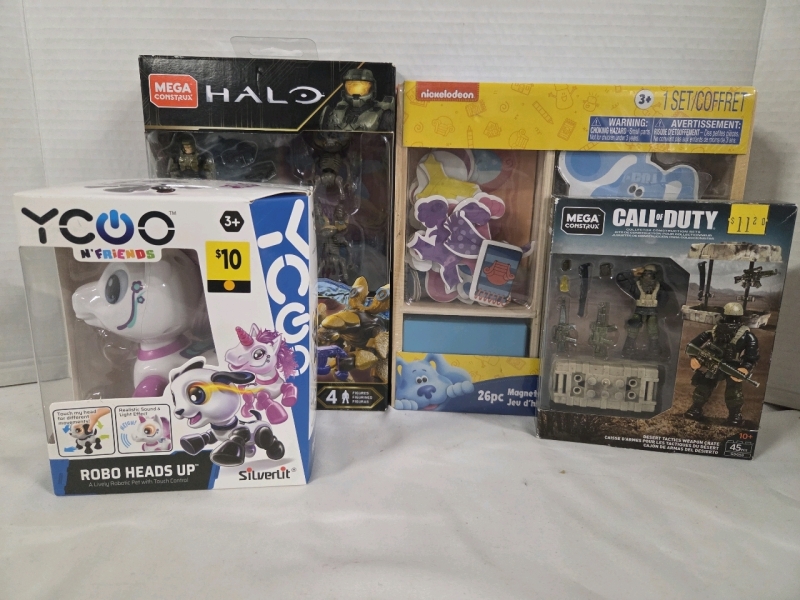 4 New | Assorted Kids Toys & Games Lot | Includes Mega Construx Call of Duty, YCOO n' Friends Robo Heads Up, and More!