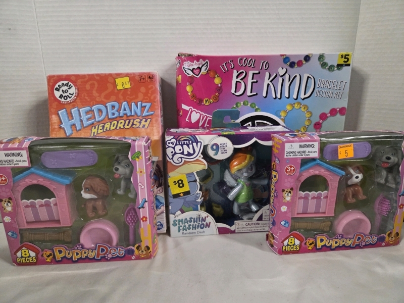 5 New | Assorted Kids Toys & Games Lot | Includes Hedbanz Headrush, PuppyPet, and More!