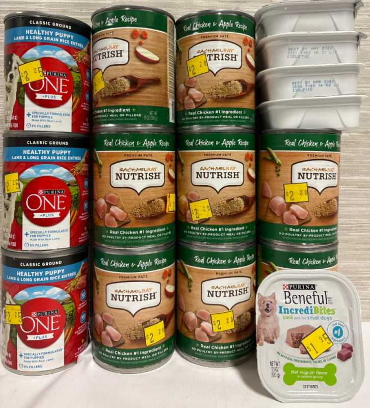 16 New Assorted Pet Food| Includes; 3 Classic Ground of Purina One Plus| 8 Real Chicken & Apple Recioe of Rachael Ray Nutrish| 5 Purina Beneful Filet mignon Flavor| Wt. 13Oz & 3.05 oz| Best By May 2026