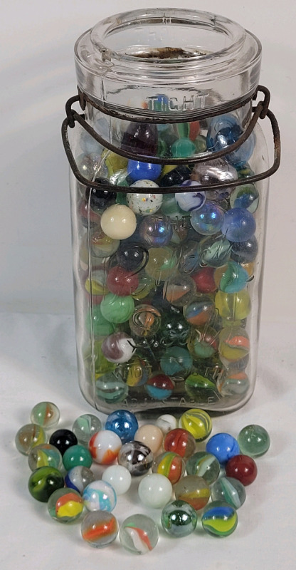 Vintage Perfect Seal Jar filled w/Various Colored Marbles