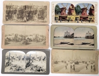 6 Antique to Vintage Stereograph/ Stereoview Cards: 1893 Stuntman Clifford Calverley Over Whirlpool Rapids Niagara Falls, 1900 Colonial Camp Nooitgedacht Prison, Cliffhouse San Francisco, Westminster Bridge, Moulin Rouge +
