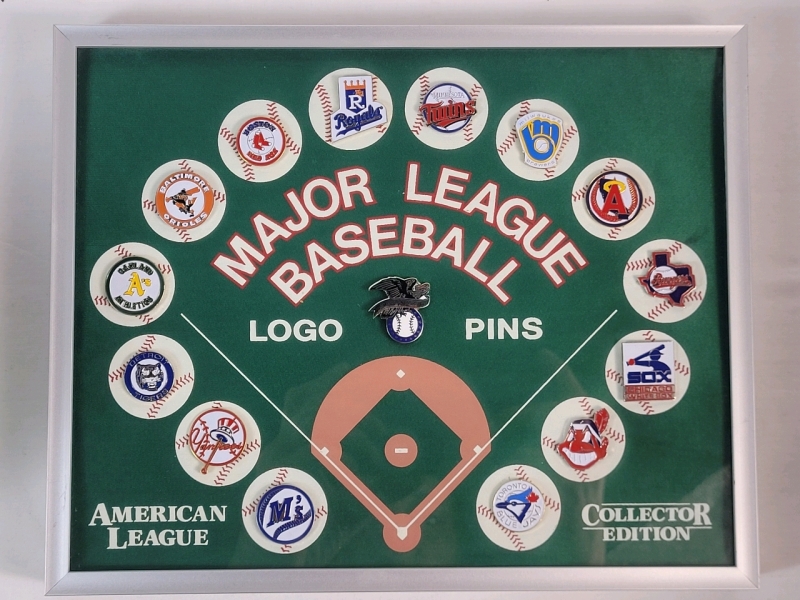 Vintage 1990 MLB Baseball American League Team Logo Pin Set in Frame