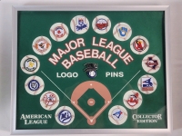 Vintage 1990 MLB Baseball American League Team Logo Pin Set in Frame