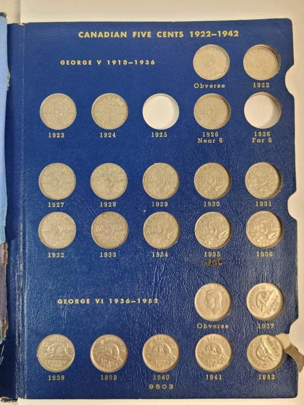 1922 - 1967 Canadian 5 Cent Nickel Set in Blue Book . Missing 1925 & 1926-Far