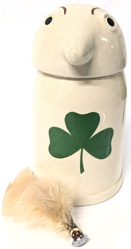 Vintage West Germany 7" Schultz & Dooley Ceramic Lidded 0.5L Beer Stein Irish Ginger With Kitchener Octoberfest Feathered Brooch 4"
